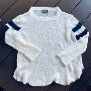 WoodenShips sweater S/M.  White w/ navy stripes on sleeves.